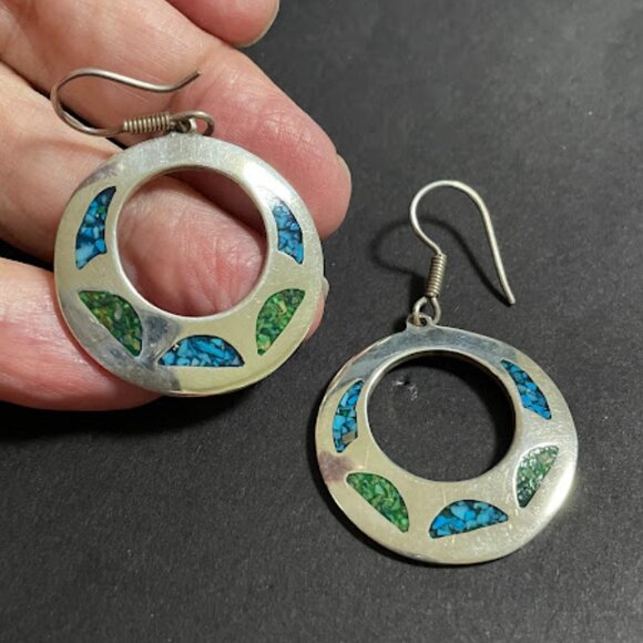 Vintage Taxco Mexico Sterling Silver Turquoise Inlay Large Round Hoop Earrings - Picture 5 of 5
